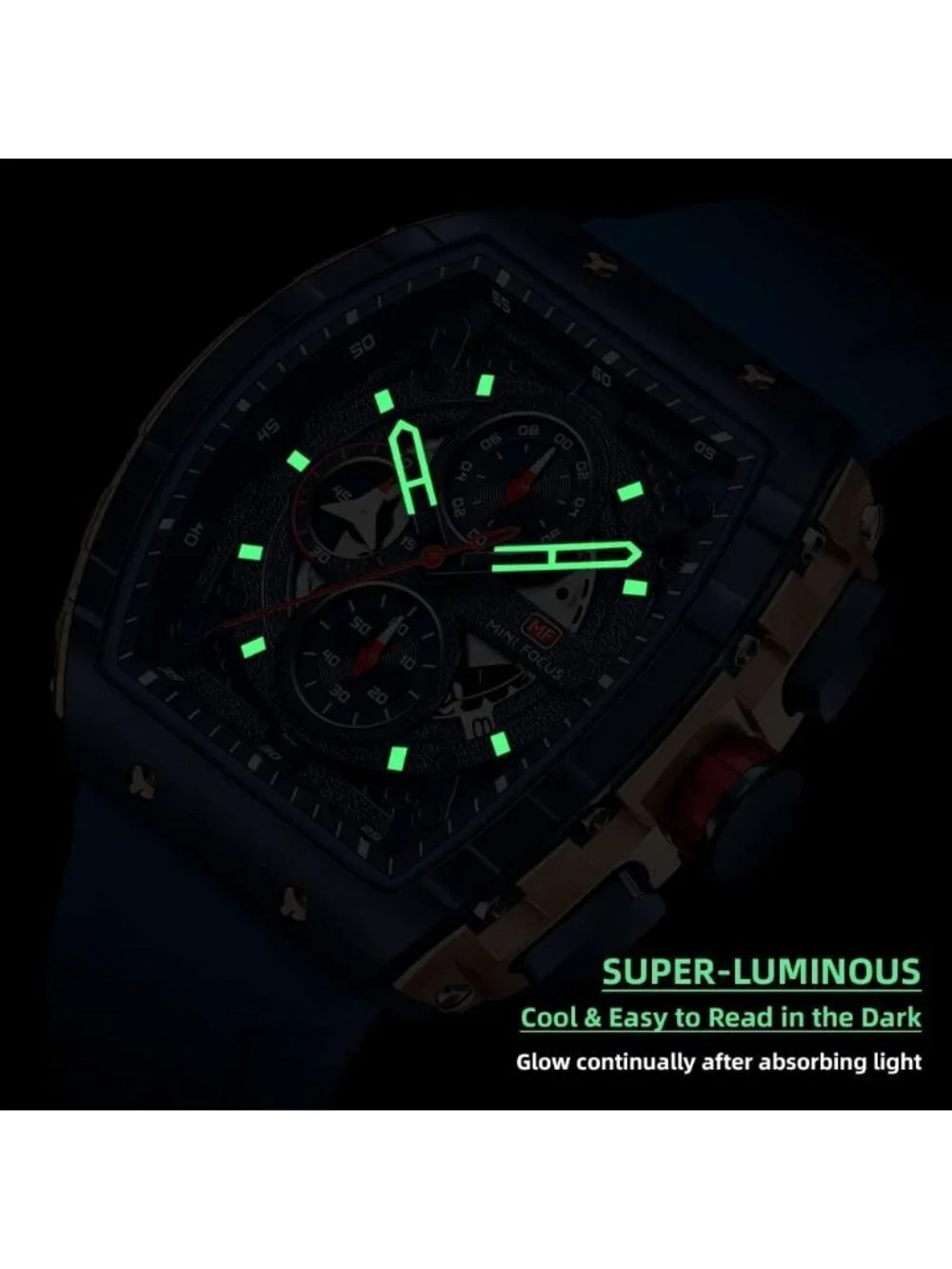 Men's Blue Silicon Strap Quartz Chronograph Waterproof Luminous Tonneau Watch